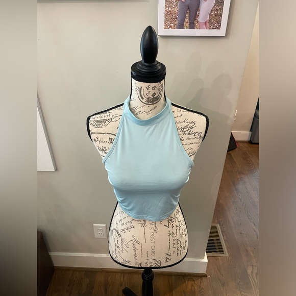 Sky Blue Silky Stretch Halter Women’s Backless Crop Top By “Chic Me” Size XL - Picture 2 of 8